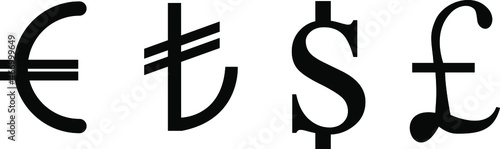 Currency symbols, dollar, euro, pound, turkish lira. photo
