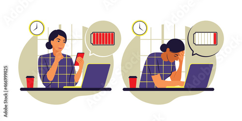 Professional burnout syndrome. Happy and tired female office worker sitting at the table. Frustrated worker, mental health problems. Vector illustration. Flat.