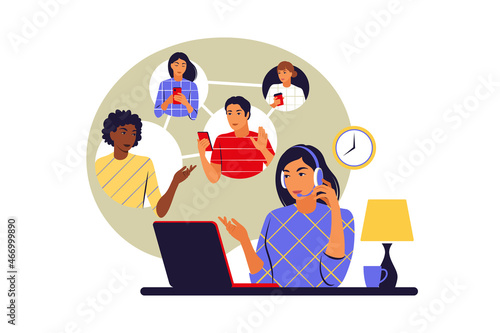 Chat concept. Woman chatting with friends online. Social networking, chat, video, news, messages, search friends. Vector illustration. Flat.