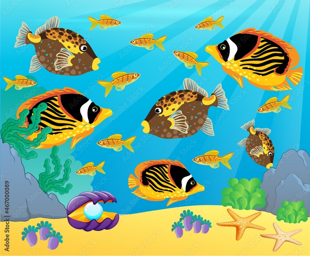 Composition of fish, shells, starfish. Underwater world. Marine background. Vector illustration. Composition of fish, shells, starfish. Underwater world. Marine background. Vector illustration.