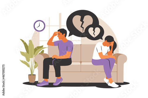 Concept of divorce, misunderstanding in family. Disagreement, relationship troubles. Man and woman in a quarrel. Conflicts between husband and wife. Vector. Flat