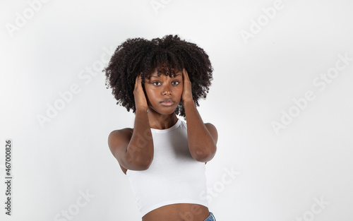 pretty afro american woman model posing white background