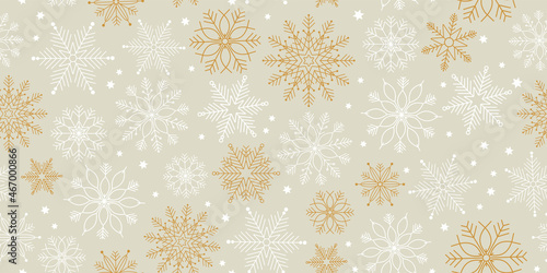 Happy holiday seamless pattern with snowflakes. Gold gray border. Simle  winter vector design for greeting card package banner