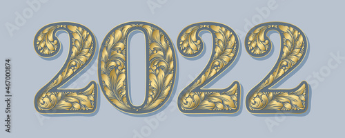 Vector Happy New Year background with 2022 sign constructed with floral ornament. New year design element. Holiday design template for invitations, greeting card etc. Elegant ornate numbers.