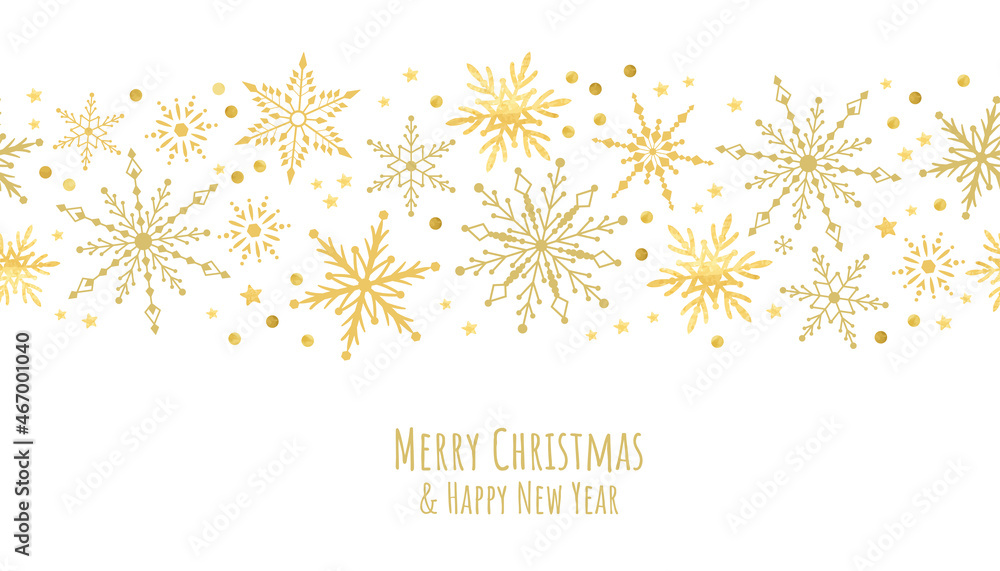 Happy holiday seamless pattern with snowflakes. Gold gray border. Simle winter vector design for greeting card package banner Happy holiday seamless pattern with snowflakes. Gold gray border. Simle winter vector design for greeting card package banner