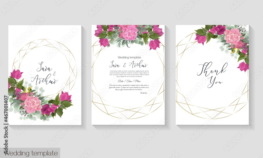 Vector template for wedding invitation. Round gold frame, peony flowers, Bougainvillea flower branches, berries, green leaves and plants. 