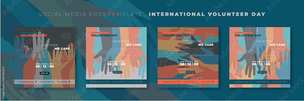 Set of social media post template with colorful hands background design. International volunteer day template design.