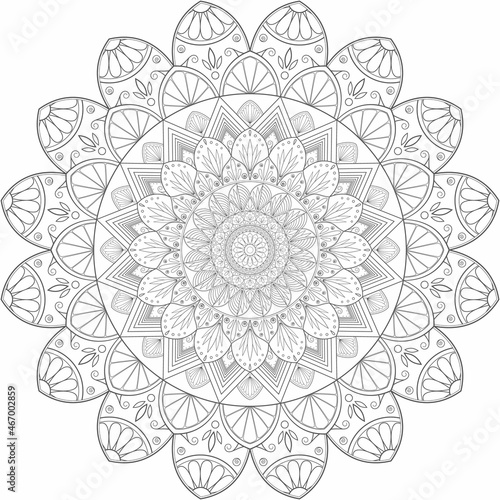 Circular mandala coloring page with floral patterns.