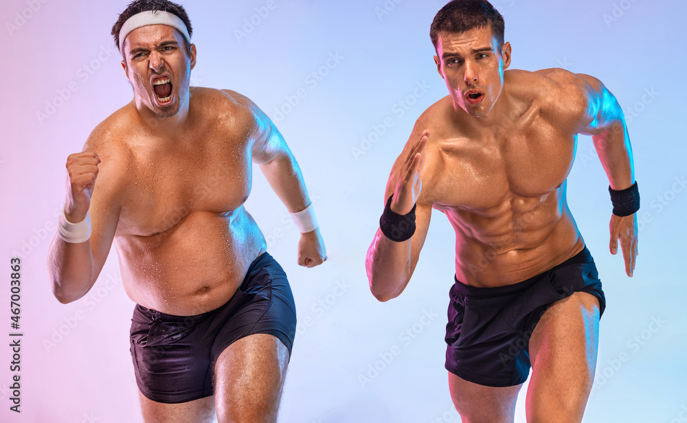 A very fat man jogging to lose weight and become a slim athlete. Running  sport man. Awesome Before and After Weight Loss fitness Transformation. Fat  to fit concept. Stock Photo