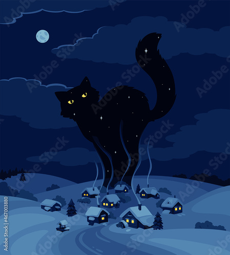 Night winter village. Above the landscape and houses, a huge silhouette of a black cat is seen against the sky, with glowing eyes and stars on its skin.