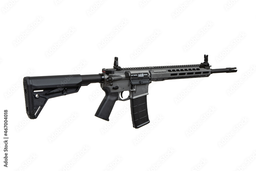 Modern automatic rifle isolated on white. Weapons for police, special forces and the army. Automatic carbine with mechanical sights. Modern automatic rifle isolated on white. Weapons for police, special forces and the army. Automatic carbine with mechanical sights.