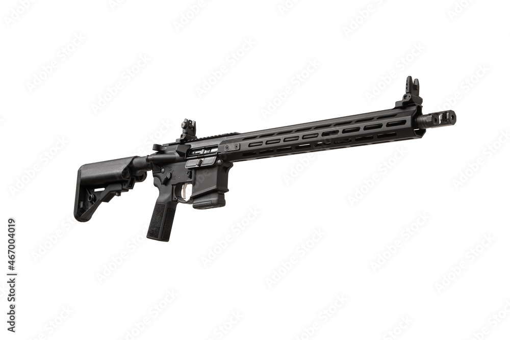 Modern automatic rifle isolated on white. Weapons for police, special forces and the army. Automatic carbine with mechanical sights. Modern automatic rifle isolated on white. Weapons for police, special forces and the army. Automatic carbine with mechanical sights.