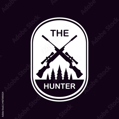 The hunter logo with black background. Hunting and camping adventures in the forest. Vector illustration design for logo, icon, badges, sticker, banner, template