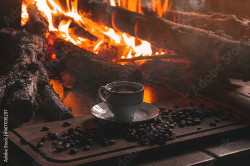 Cup of coffee beverage in fire wood sunset cultivate seeds fresh farm
