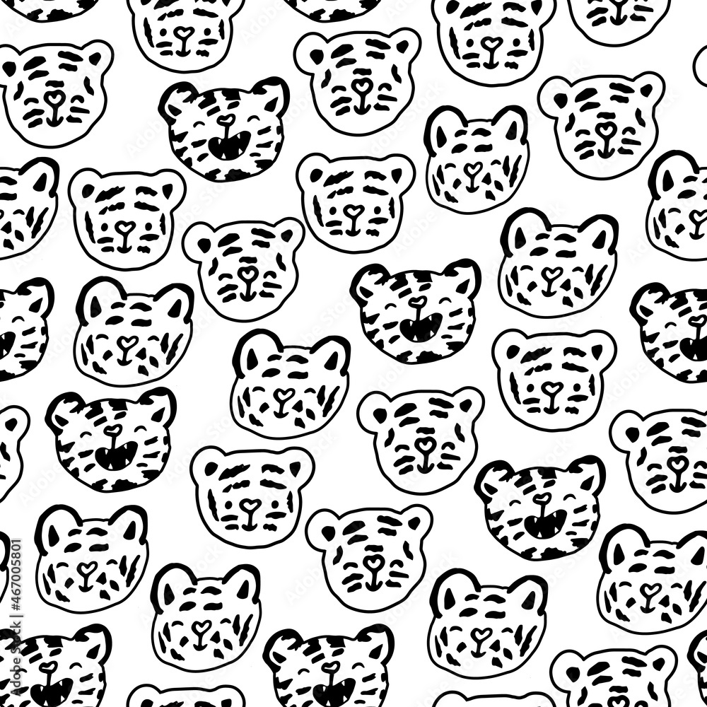 Black white cute childish tigers faces heads seamless repeat pattern. Vector hand drawn endless contour line art illustration background for children