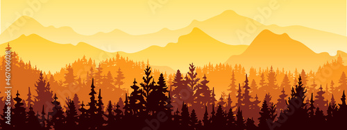 Horizontal banner. Magical misty landscape. Silhouette of forest and mountains, fog. Nature background. Yellow, orange and brown illustration. ​Bookmark.
