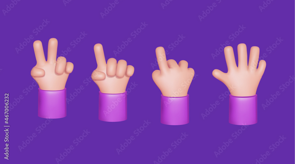 Obraz premium Set of cartoon 3d hands . Hand group. Peace sign, ok sign tap, point out hand, high five hand Men and women arms Decoration 3d object isolated. Vector illustration. Vector illustration.