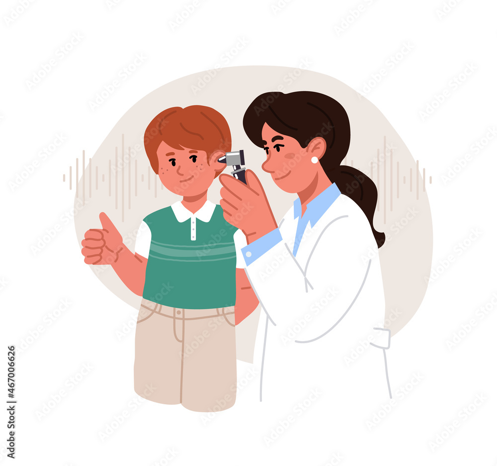 Female audiologist doctor checks boy ears with otoscope.Hearing exam for kids. Female audiologist doctor checks boy ears with otoscope.Hearing exam for kids.
