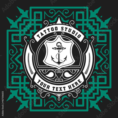 Tattoo logo with vintage ornaments. Layered