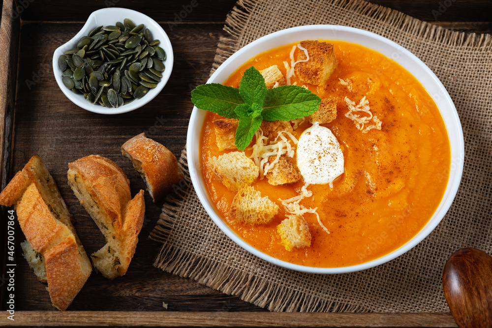 Pumpkin soup with croutons and cream Pumpkin soup with croutons and cream