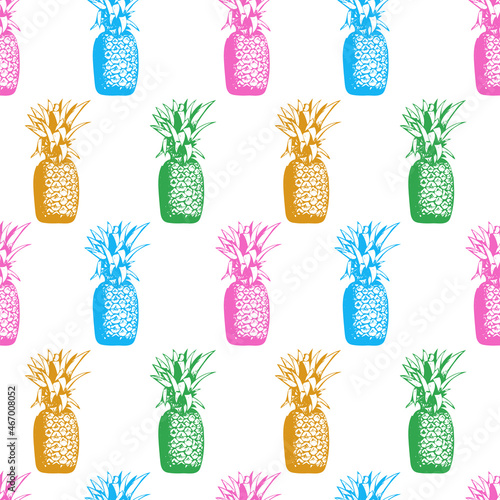 Vector pattern of multicolored sketching pineapples on a white background
