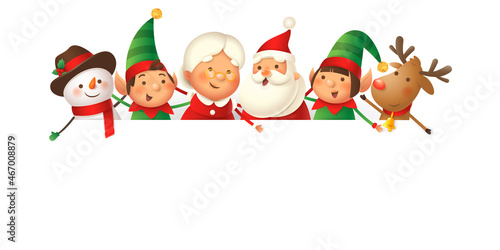 Santa Claus, Mrs Claus, Elves, Snowman and Reindeer on top of board peeking and celebrate Christmas - isolated and goruped elements