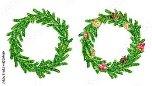 Fototapeta Naklejka Na Ścianę i Meble -  Two spruce watercolor wreaths. One wreath is decorated with walnuts, pine cones, cranberries.
