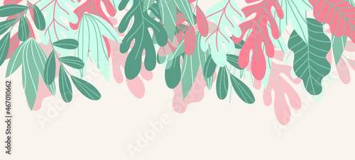 Floral web banner with drawn color exotic leaves. Nature concept design. Modern floral compositions with summer branches. Vector illustration on the theme of ecology, natura, environment