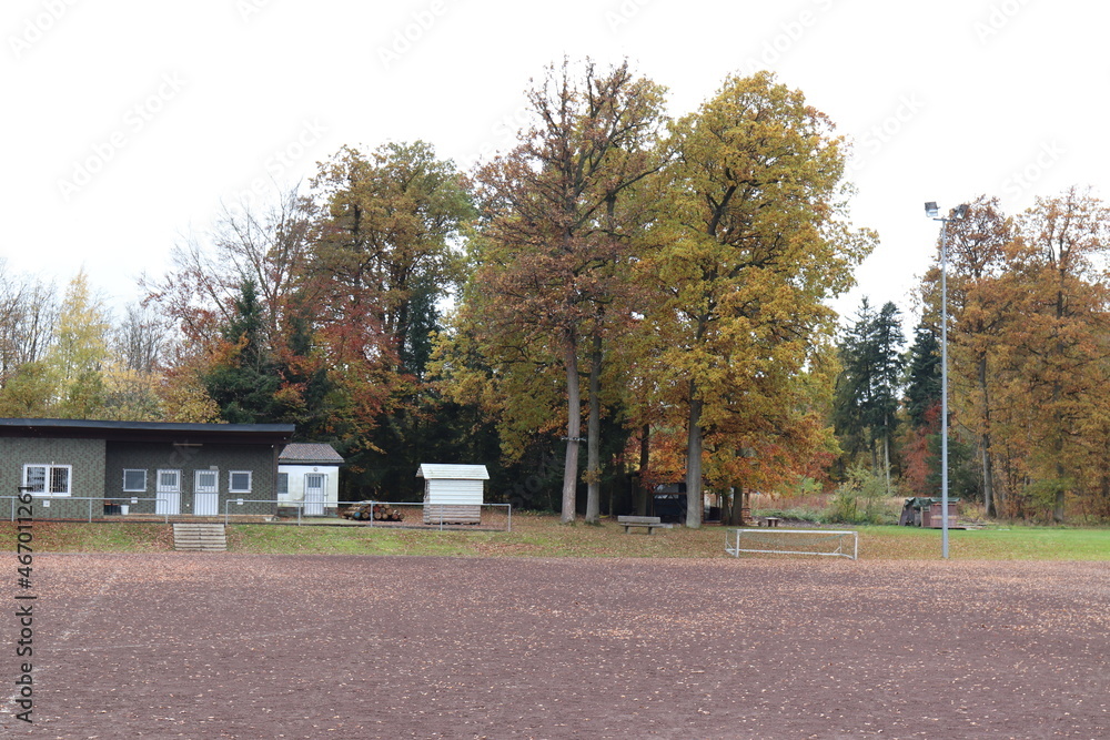 Fußballplatz im Herbst. Fußballtor. Spielfeld.
