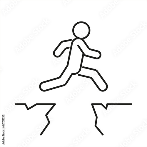 Running with obstacle over cliffs, courage in jump through gap between hill, line icon. Run man. Movement and achievement. Business risk and success concept. Athletics, sport. Vector illustration