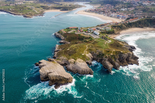 Aerial view of a scenic coastline landscape in Suances, Cantabria, Spain. High quality photo.