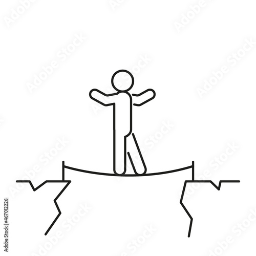 Man is walking tightrope across cliff, balance on rope, line icon. Challenge is walking over abyss, gap. Business concept and risk. Vector illustration