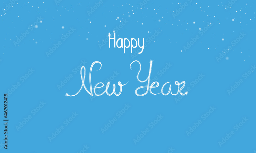 Happy New Year banner with snowflakes and glossy sparkles on blue background. Handwritten Lettering Happy New Year. Modern vector illustration , greeting card poster. Good for web and print Happy New Year banner with snowflakes and glossy sparkles on blue background. Handwritten Lettering Happy New Year. Modern vector illustration , greeting card poster. Good for web and print