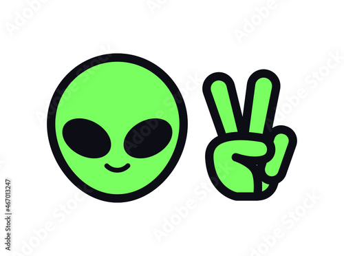 alien making love and peace sign. vector illustration of unidentified green being. for sticker, labels, textile or fashion skeiter. eps 10