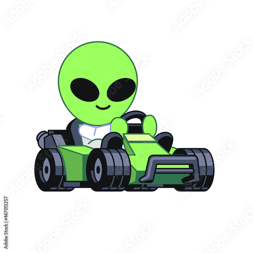 cartoon alien riding a kart. flat vector illustration of alien in racing cart. for stickers, textile, skater fashion. eps10