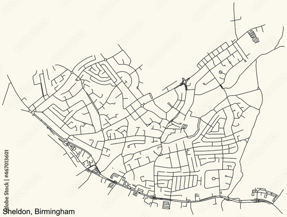 Detailed navigation urban street roads map on vintage beige background of the quarter Sheldon neighborhood of the English regional capital city of Birmingham, United Kingdom