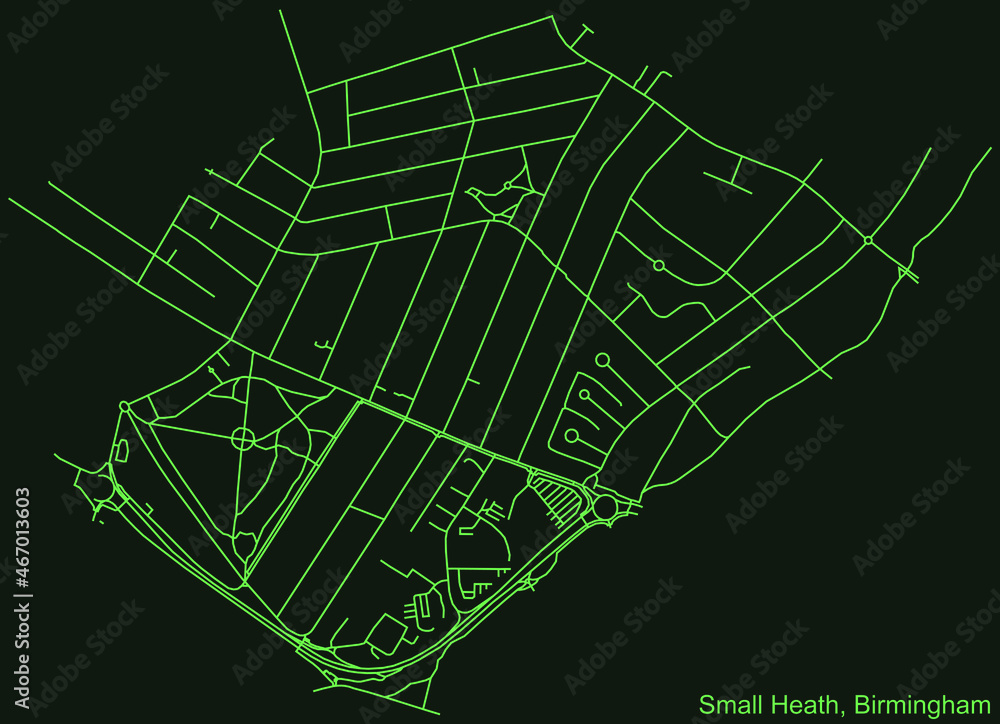 Detailed emerald green navigation urban street roads map on dark green background of the quarter Small Heath neighborhood of the English regional capital city of Birmingham, United Kingdom