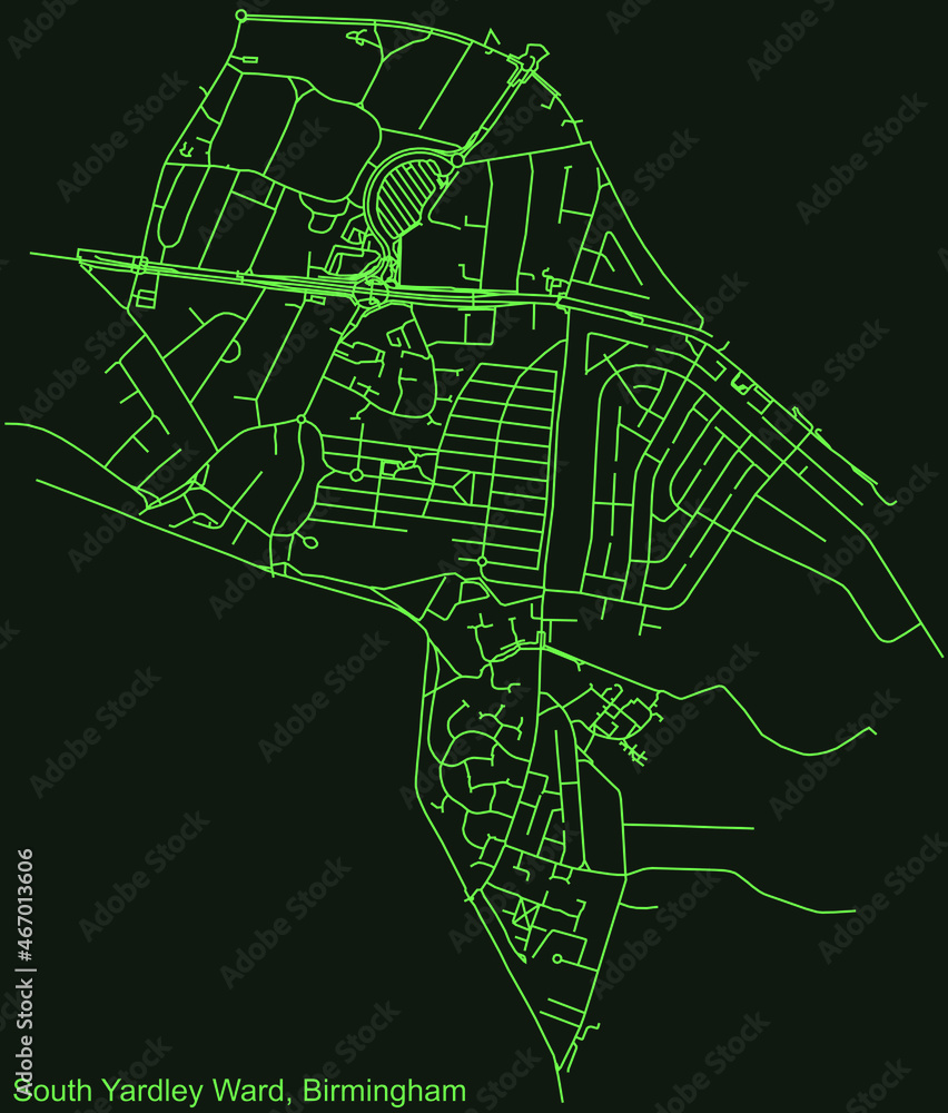 Detailed emerald green navigation urban street roads map on dark green background of the quarter South Yardley Ward neighborhood of the English regional capital city of Birmingham, United Kingdom