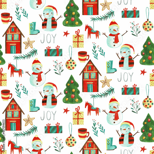 Christmas pattern with watercolors, house and Christmas trees