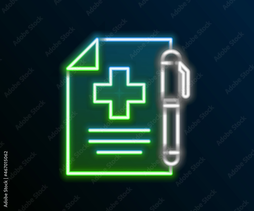 Obraz premium Glowing neon line Medical prescription and pen icon isolated on black background. Rx form. Recipe medical. Pharmacy or medicine symbol. Colorful outline concept. Vector
