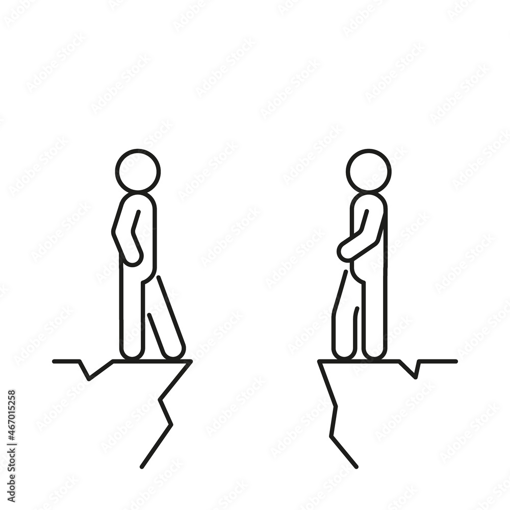 Two people on different cliff mountain, gap and conflict under communication, line drawing. Problem in communication, quarrel, misunderstanding concept. Search for us solution. Vector illustration Two people on different cliff mountain, gap and conflict under communication, line drawing. Problem in communication, quarrel, misunderstanding concept. Search for us solution. Vector illustration