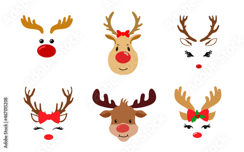 Set of a cute reindeer face with Christmas decoration. Vector illustration. Collection of cute cartoon reindeer. Christmas theme. Isolated on white background. photo