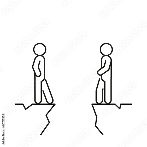 Two people on different cliff mountain, gap and conflict under communication, line drawing. Problem in communication, quarrel, misunderstanding concept. Search for us solution. Vector illustration
