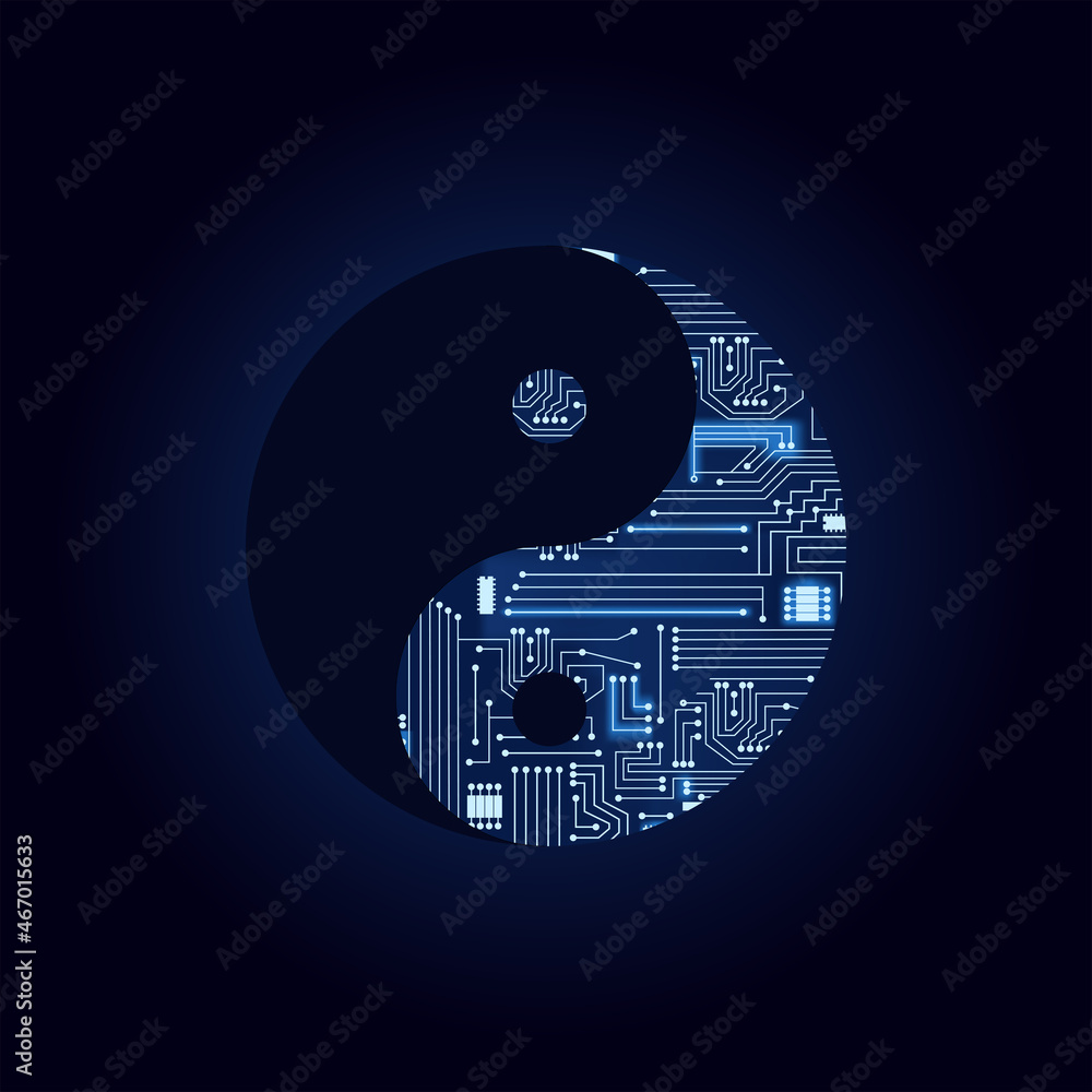 Obraz premium Yin yang symbol with a technological electronics circuit. Blue background.