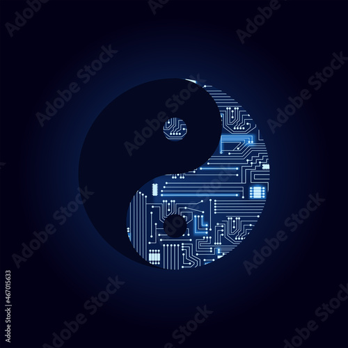 Yin yang symbol with a technological electronics circuit. Blue background.