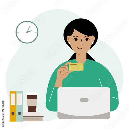 A woman with a laptop in her hand holds a bank card. Concept credit, deposit, payment, debit online. Vector