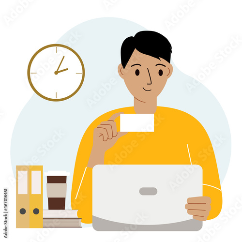 A man with a laptop in her hand holds a bank card. Concept credit, deposit, payment, debit online. Vector