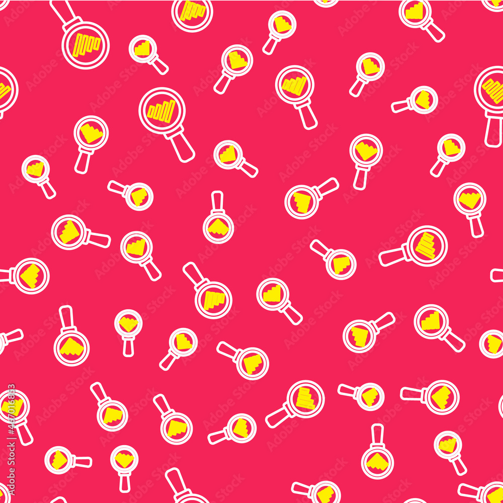 Line Magnifying glass and data analysis icon isolated seamless pattern on red background. Vector