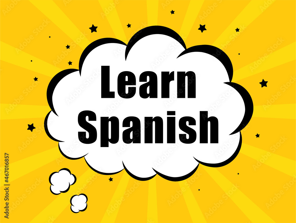 Learn Spanish in yellow bubble background