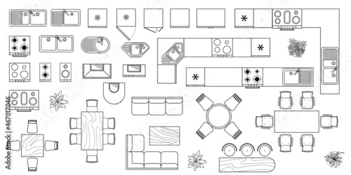 Kitchen and dining room furniture  top view. Set of architectural elements for interior design of house, apartment, office. Interior icon, equipment, tables, chairs, sink. Furniture symbol set. Vector